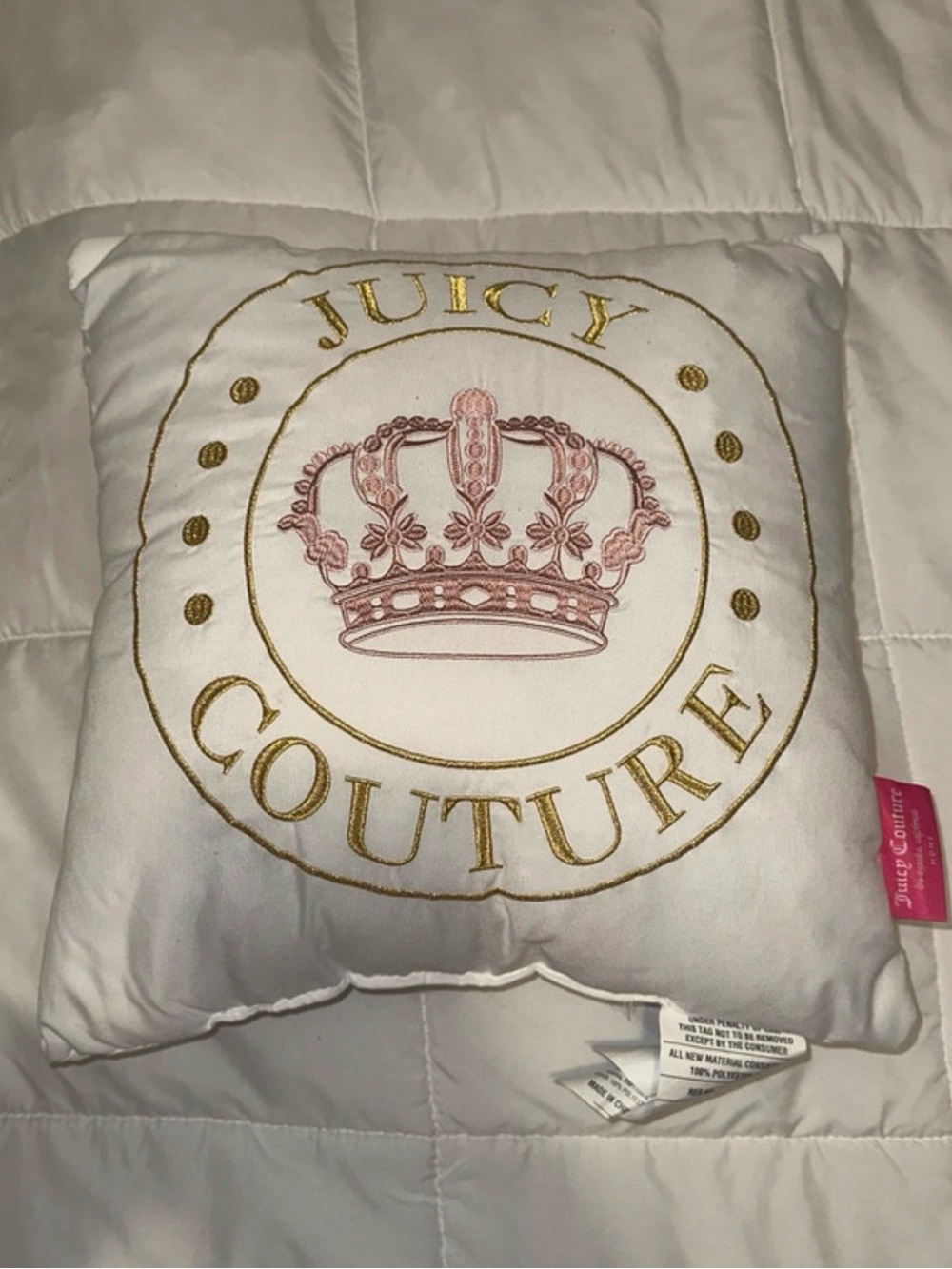 Juicy Couture White Pillow with Gold and Pink Crown Embroidery